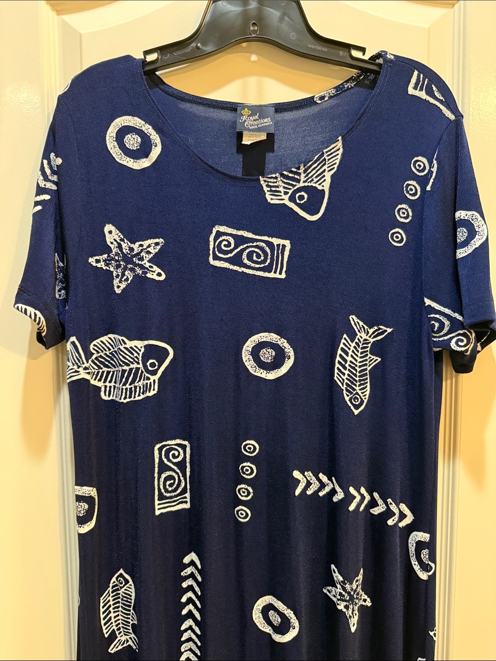 Royal Creations Hawaiian Navy Blue Beach Fish Long Lycra Dress L/XL - Picture 3 of 4